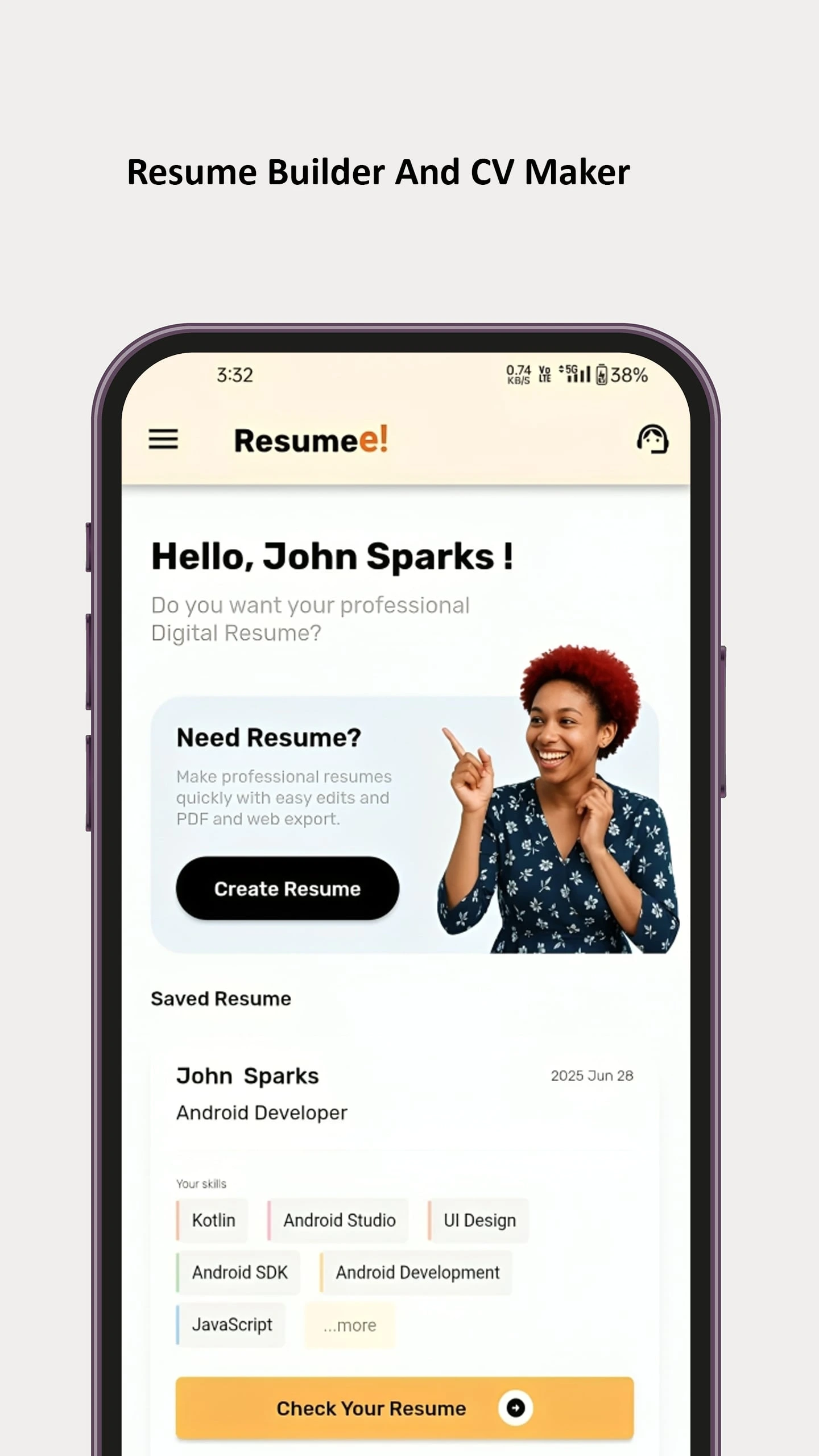 Resumee mobile app screenshot showing home screen with template options.